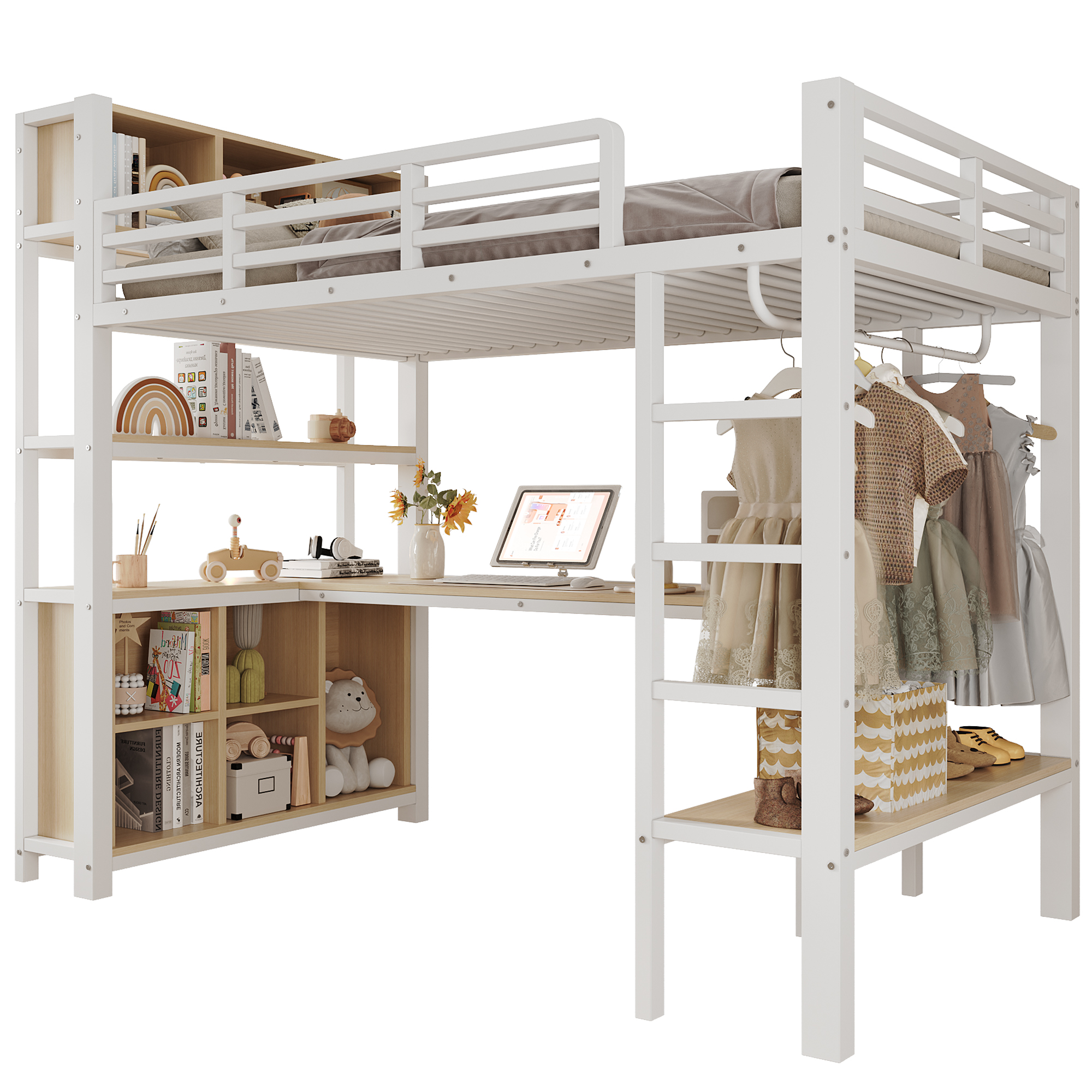 Hochbett 90x200 cm turva-aidat säilytystila valkoinen MDF ja metalli