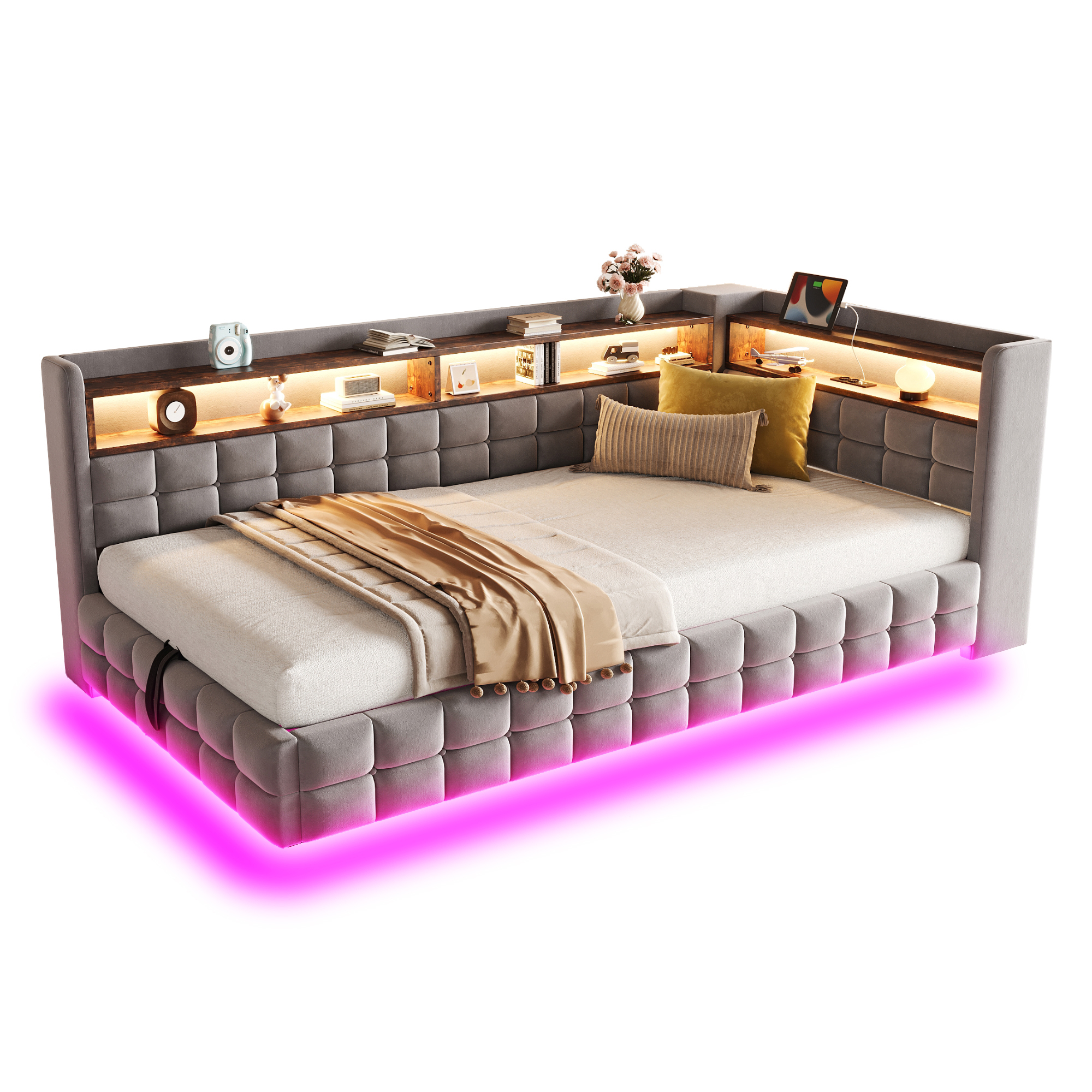 sänky 90x200 cm turva-aidat säilytystila LED-valaistus valkoinen puinen
