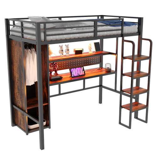 Metallinen kerrossänky 90x200, yhden hengen sänky, pystyportaat, työpöytä valkotaululla, värillinen LED, hylly, vaatekaappi, musta
