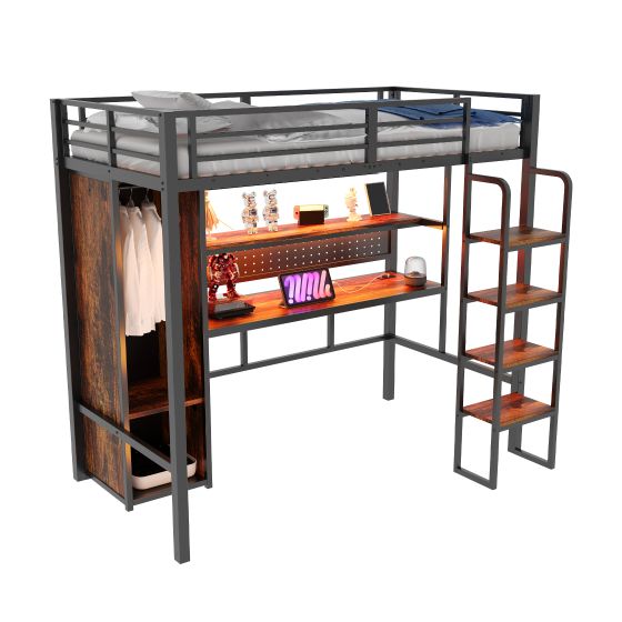 Metallinen kerrossänky 90x200, yhden hengen sänky, pystyportaat, työpöytä valkotaululla, värillinen LED, hylly, vaatekaappi, musta