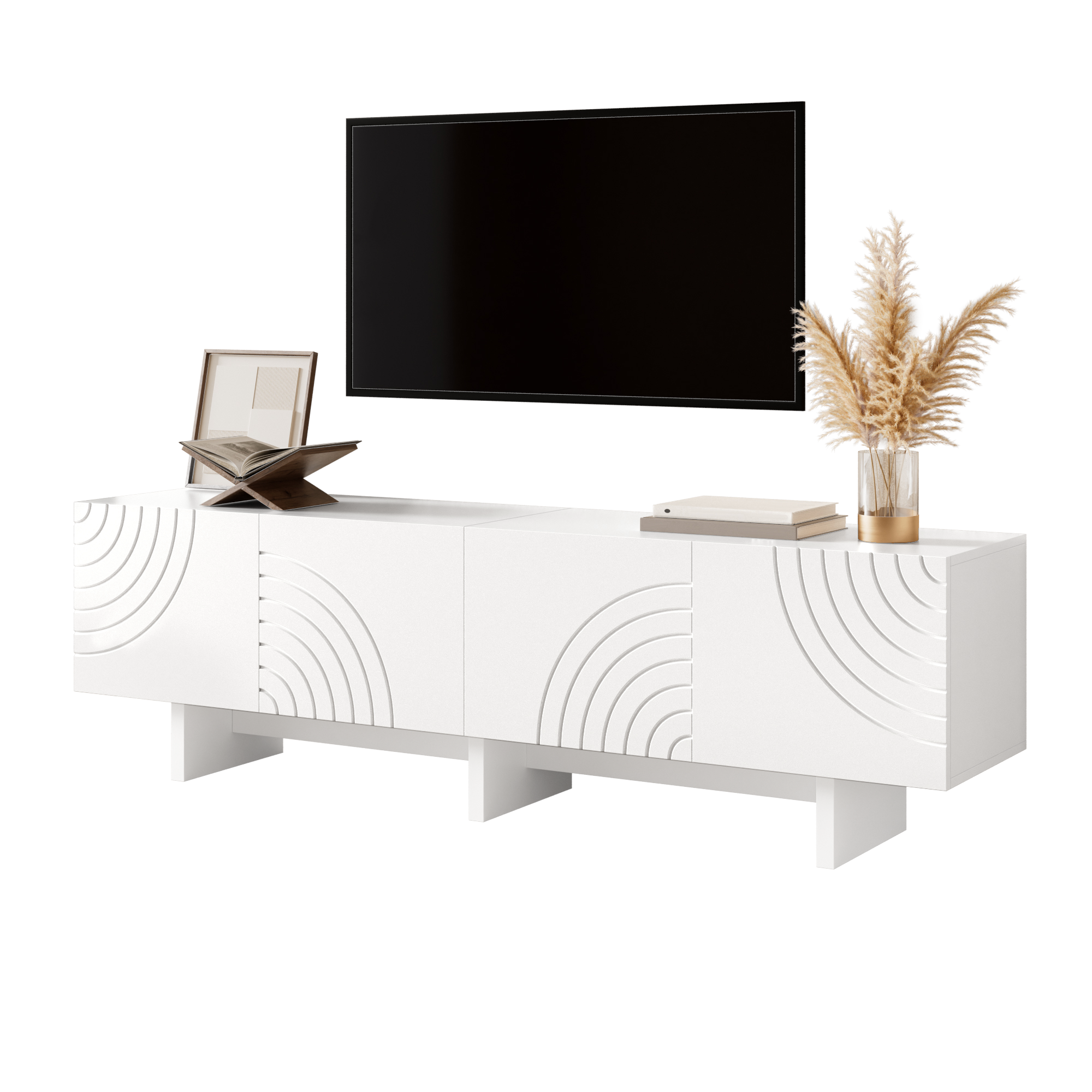 TV-taso 170x35x50 cm valkoinen MDF lastulevy säilytyksellä liukuovilla ja geometrisella reliefkoristelulla