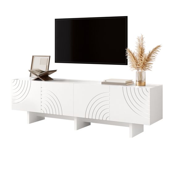 TV-taso 170x35x50 cm valkoinen MDF lastulevy säilytyksellä liukuovilla ja geometrisella reliefkoristelulla