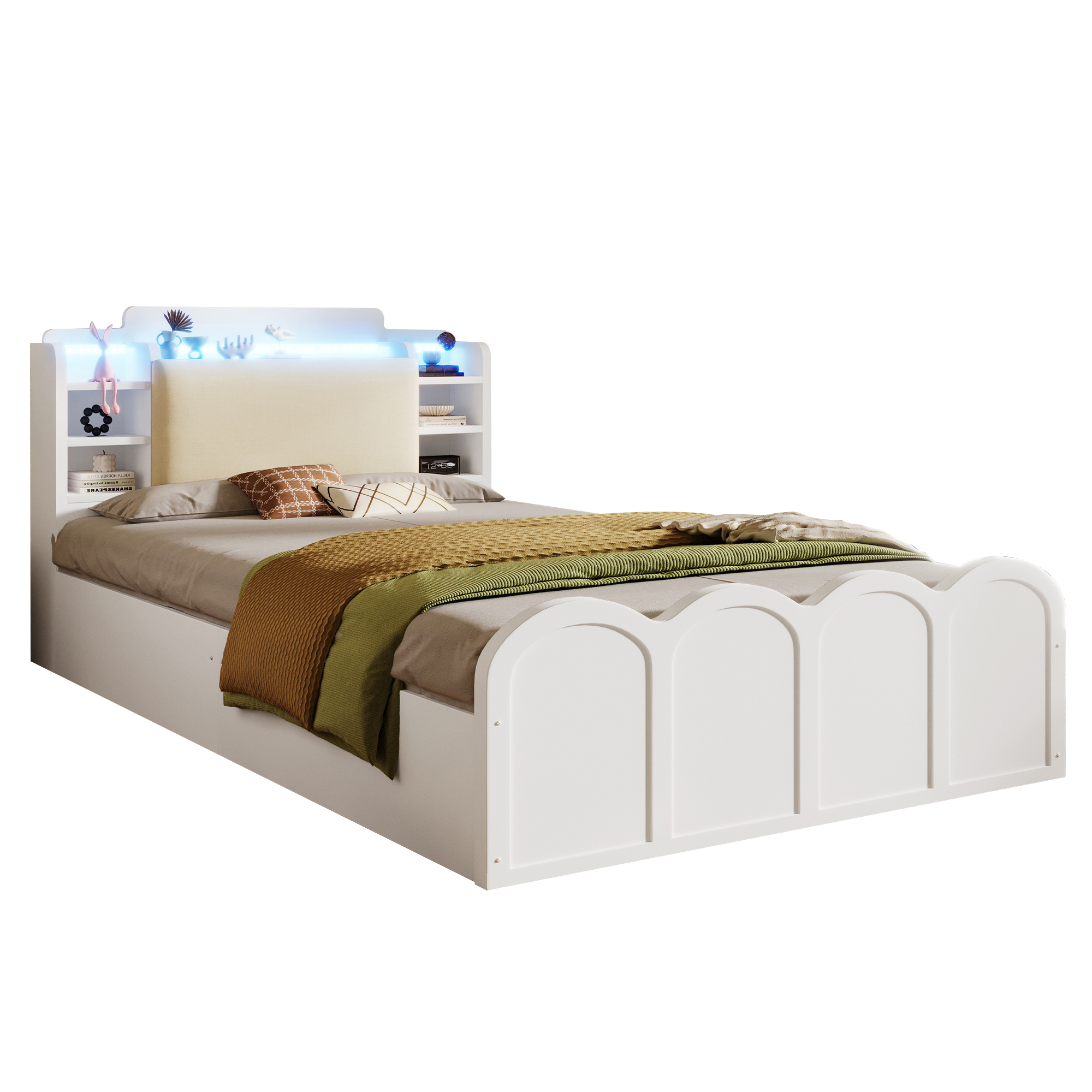 Paneelisänky 90x200 cm, yksittäinen, hydraulinen, USB-C, LED, flip-top, valkoinen, ei patjaa