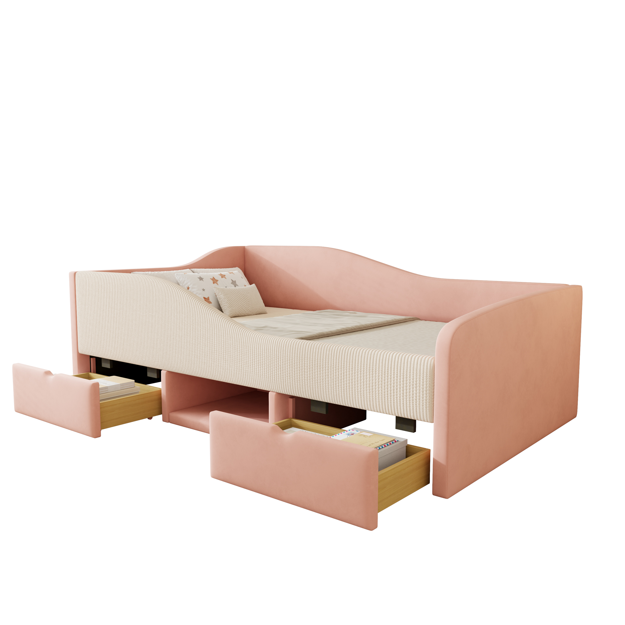 sänky 90x190 cm turva-aidat ja laatikot rosa kermanvärinen sametti
