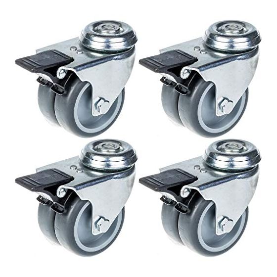 75mm 3" kaksoispyöräinen harmaa kumipyörä jarrulla 400kg kantavuus, 4 kpl:n sarja.