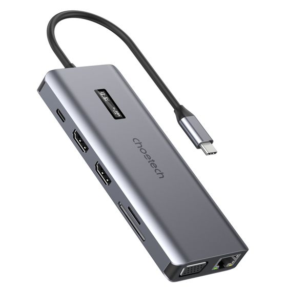 Monitoiminen HUB-sovitin näytöllä USB-C USB-A VGA AUX SD TF 12in1 harmaa