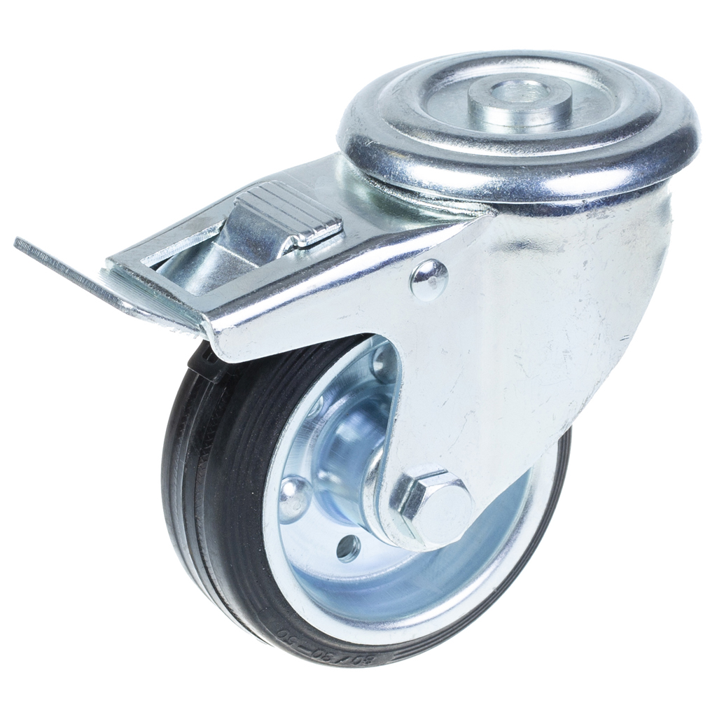 80 mm:n kääntyvä/jarrullinen kääntöpyörä, jossa on musta kumi puristetun teräksen keskipyörällä.