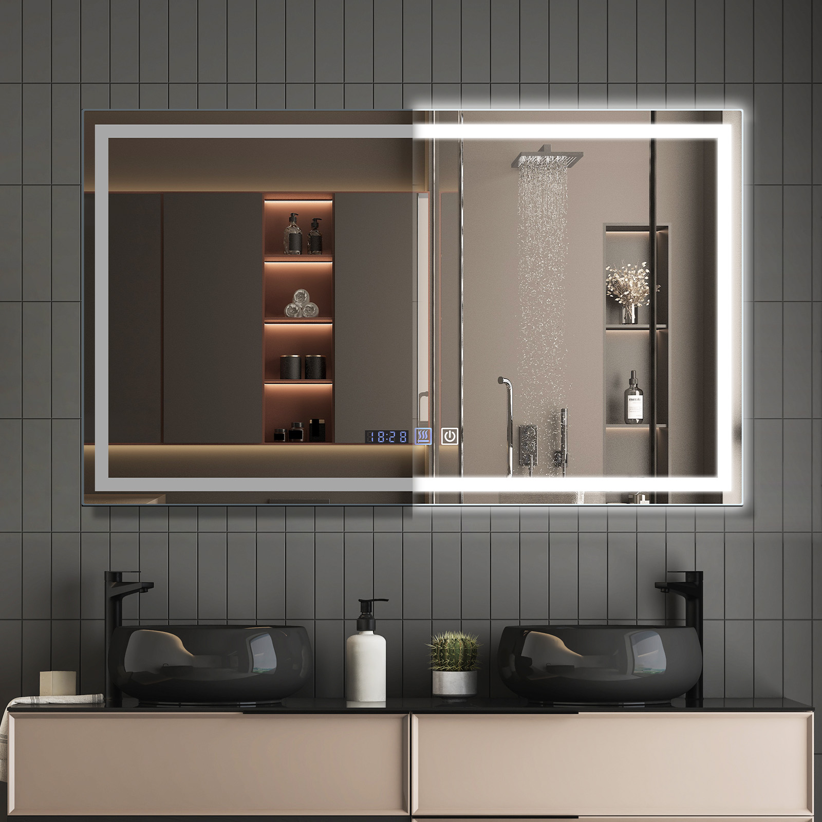 NETTLIFE valaistu kylpyhuoneen peili - 100x60 cm LED, IP44 kosketuskytkin, huurteenpoistokello, säädettävä