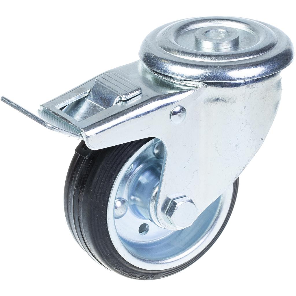 80 mm:n kääntyvä/jarrullinen kääntöpyörä, jossa on musta kumi puristetun teräksen keskipyörällä.