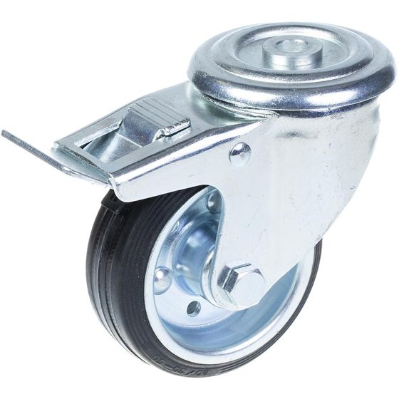 80 mm:n kääntyvä/jarrullinen kääntöpyörä, jossa on musta kumi puristetun teräksen keskipyörällä.