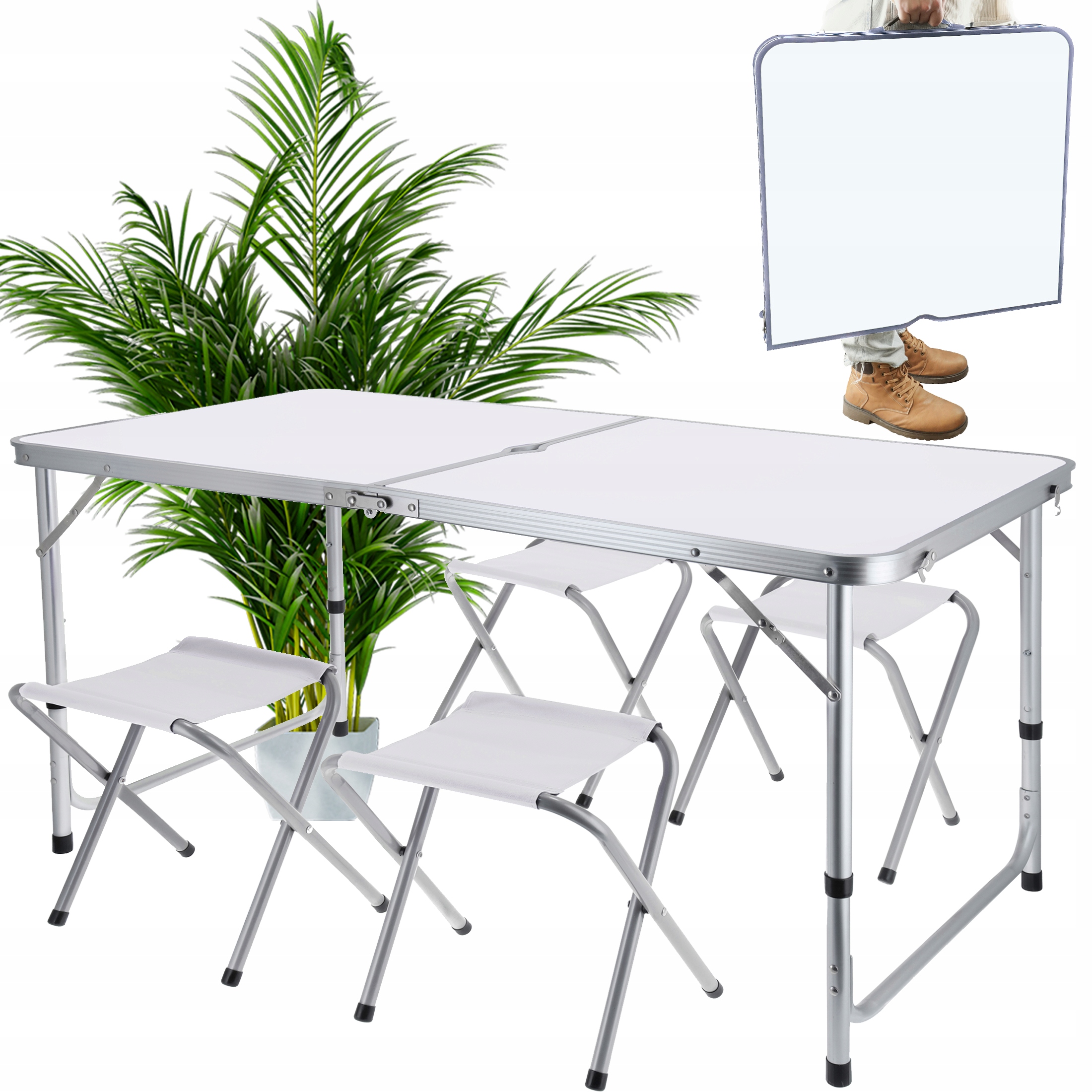 Leirintäsarja, kokoontaitettava, matkailuauto, puutarha, matkalaukku, pöytä + 4 tuolia