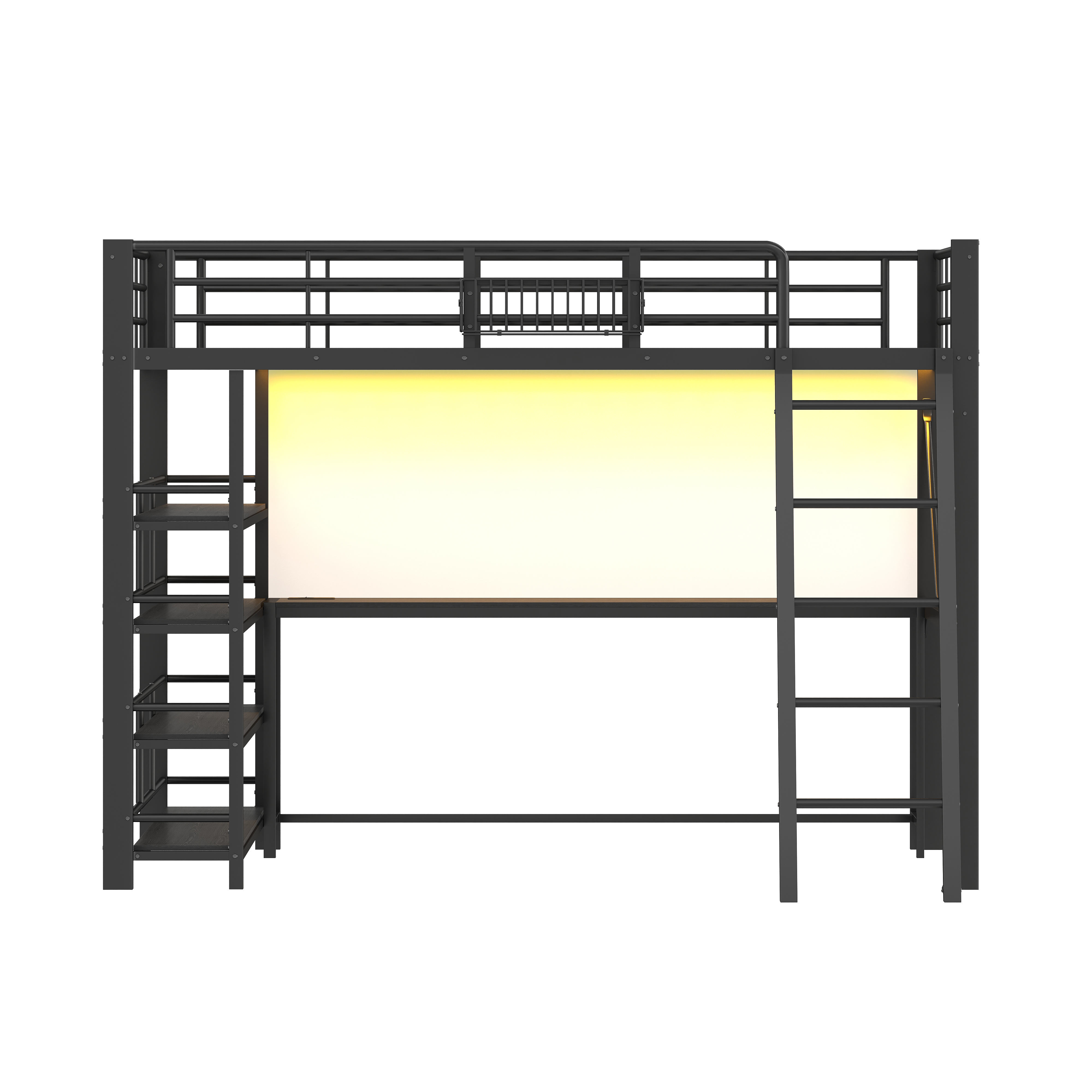 sänky 140x200 cm integroidulla kirjoituspöydällä säilytystiloilla LED-valaistuksella ja turva-aidoilla musta MDF ja metalli