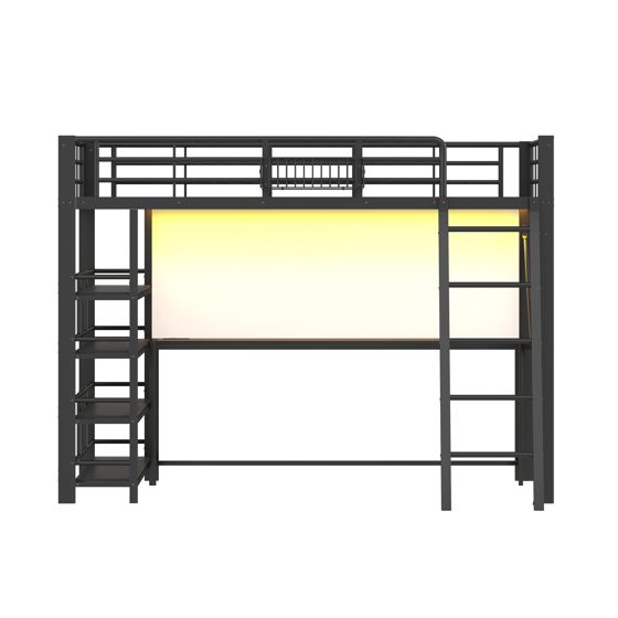 sänky 140x200 cm integroidulla kirjoituspöydällä säilytystiloilla LED-valaistuksella ja turva-aidoilla musta MDF ja metalli
