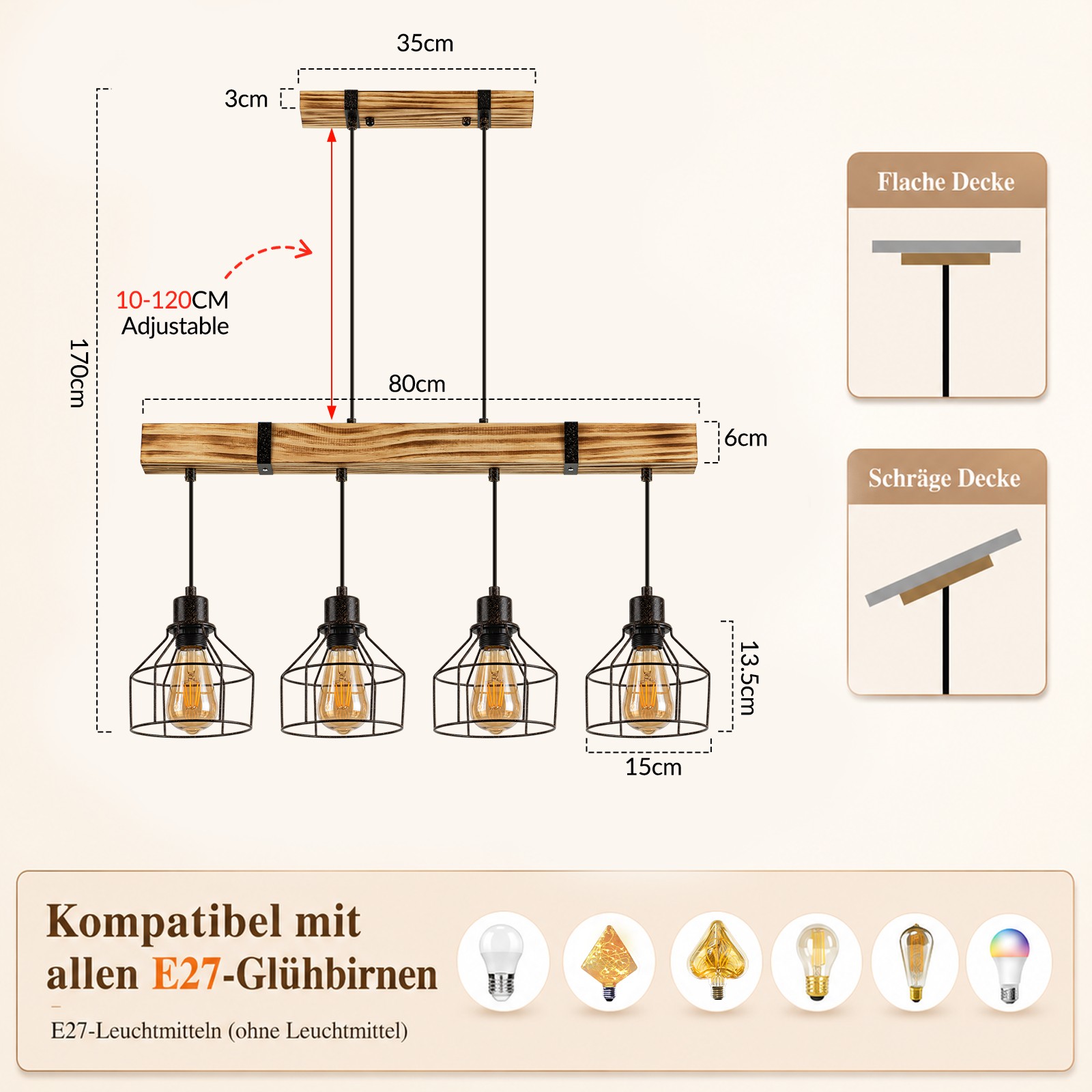 ZMH 4-lamppuinen vintage-musta riippuvalaisin säädettävä korkeus ruokailutilaan (polttimot eivät sisälly)