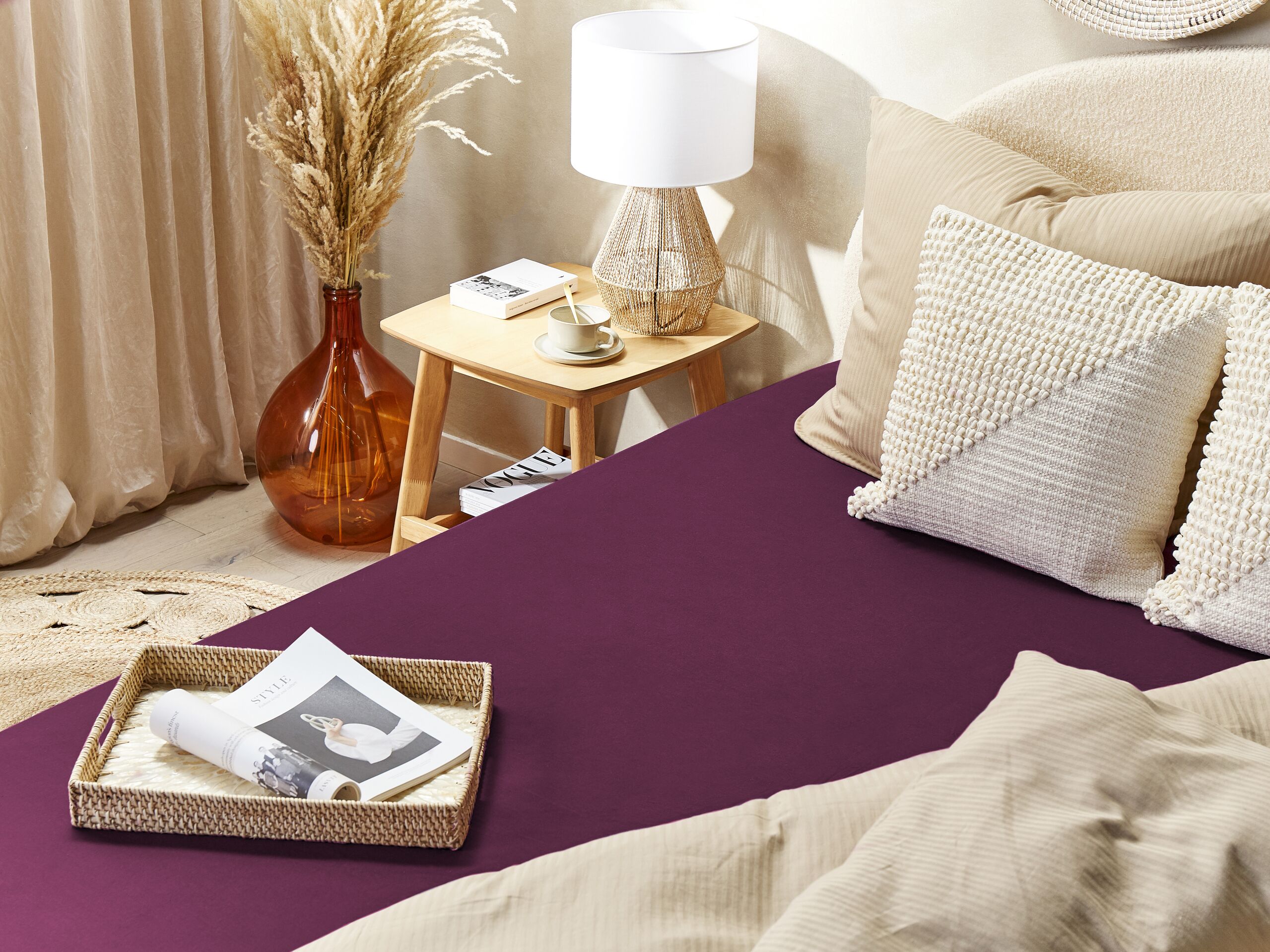 Muotoonommeltu lakana JANBU puuvilla 160 x 200 cm Viininpunainen