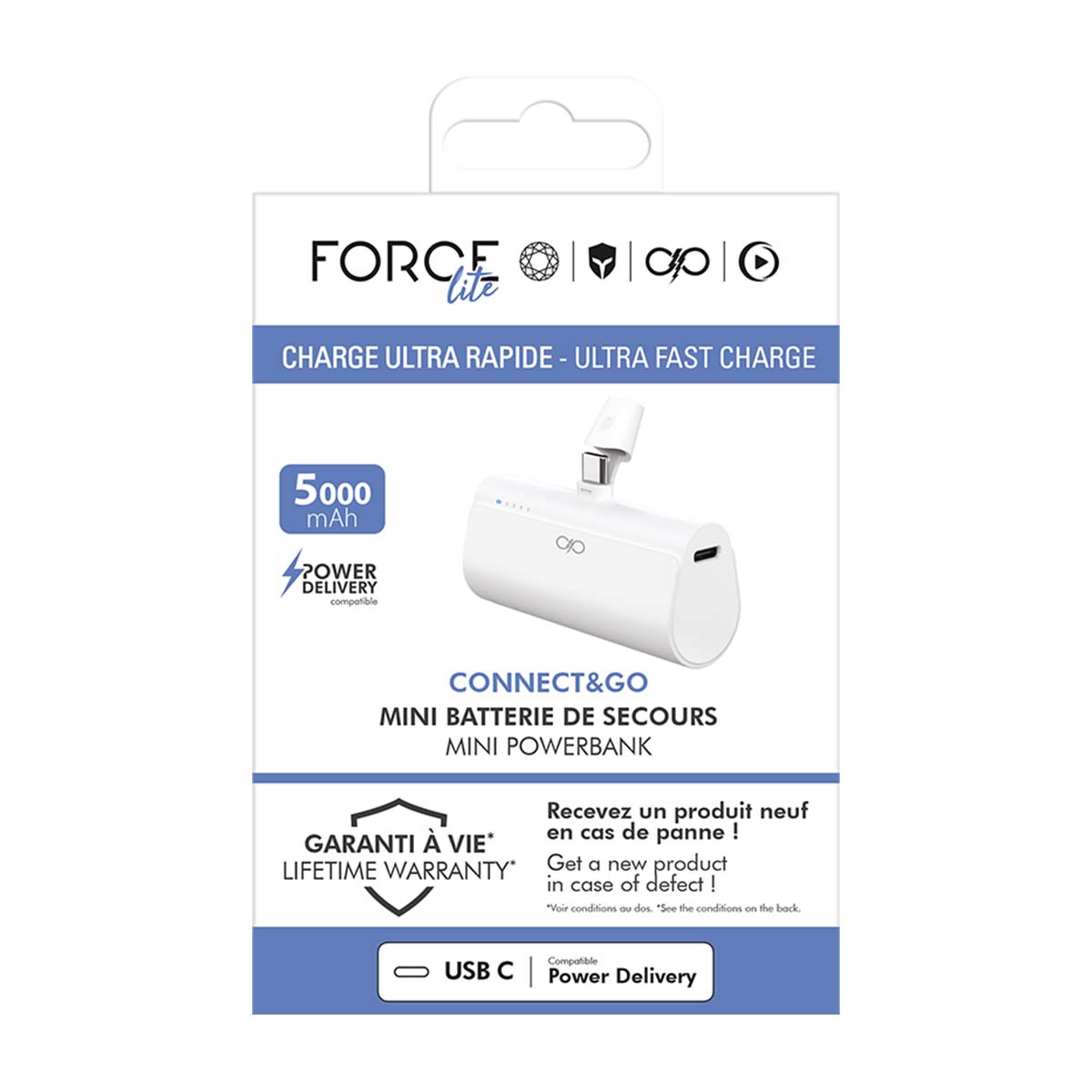 Powerbank 5000 mAh PD 20 W, integroitu USB-C-liitin ja LED-merkkivalot