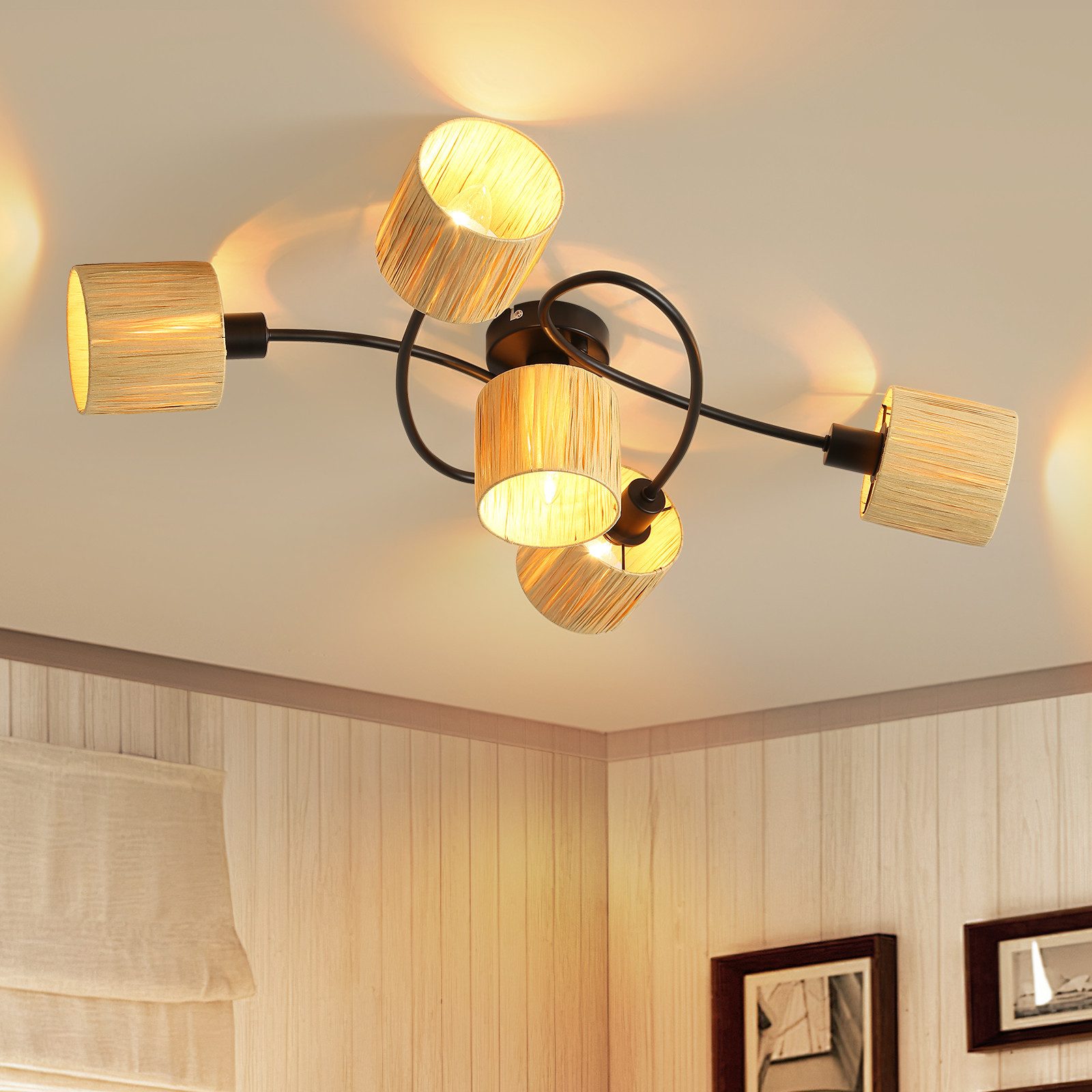 NETTLIFE kattokohdevalaisin 5 liekkiä E14 luonnonmusta kattovalaisin paperi olohuoneeseen