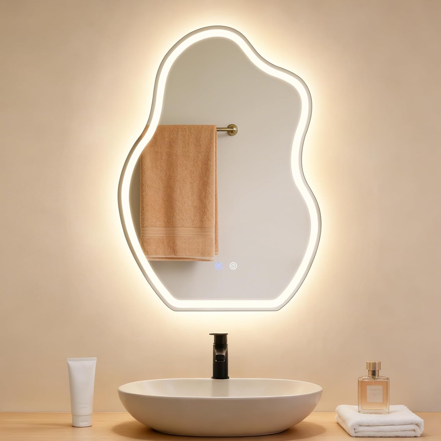 NETTLIFE Epäsymmetrinen LED-kylpyhuoneen peili 50x70cm, Kosketusohjaus, Huurtumaton, Himmennettävä 3000-6500K, IP44 Seinälle