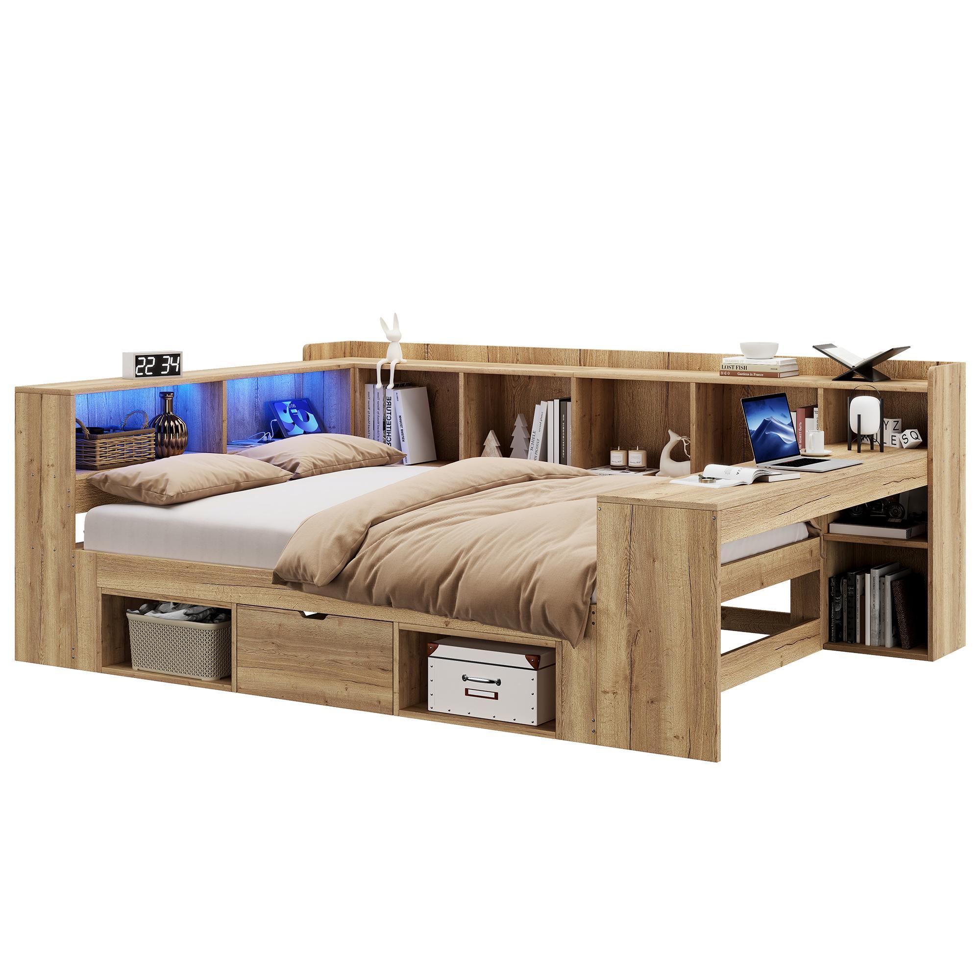 Päivävuode 140x200 cm hyllyillä ja laatikoilla, luonnonväri