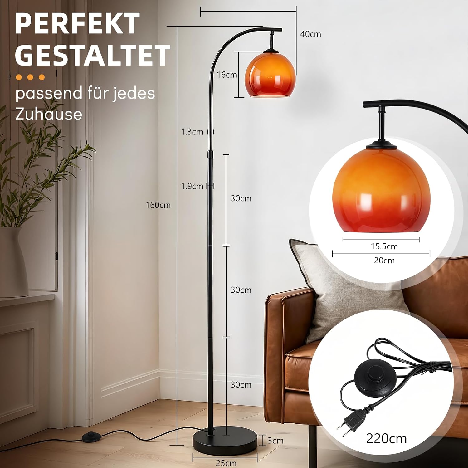 ZMH 160 cm:n metallinen lattiavalaisin, korkeussäädettävä, makuuhuoneeseen tai toimistoon