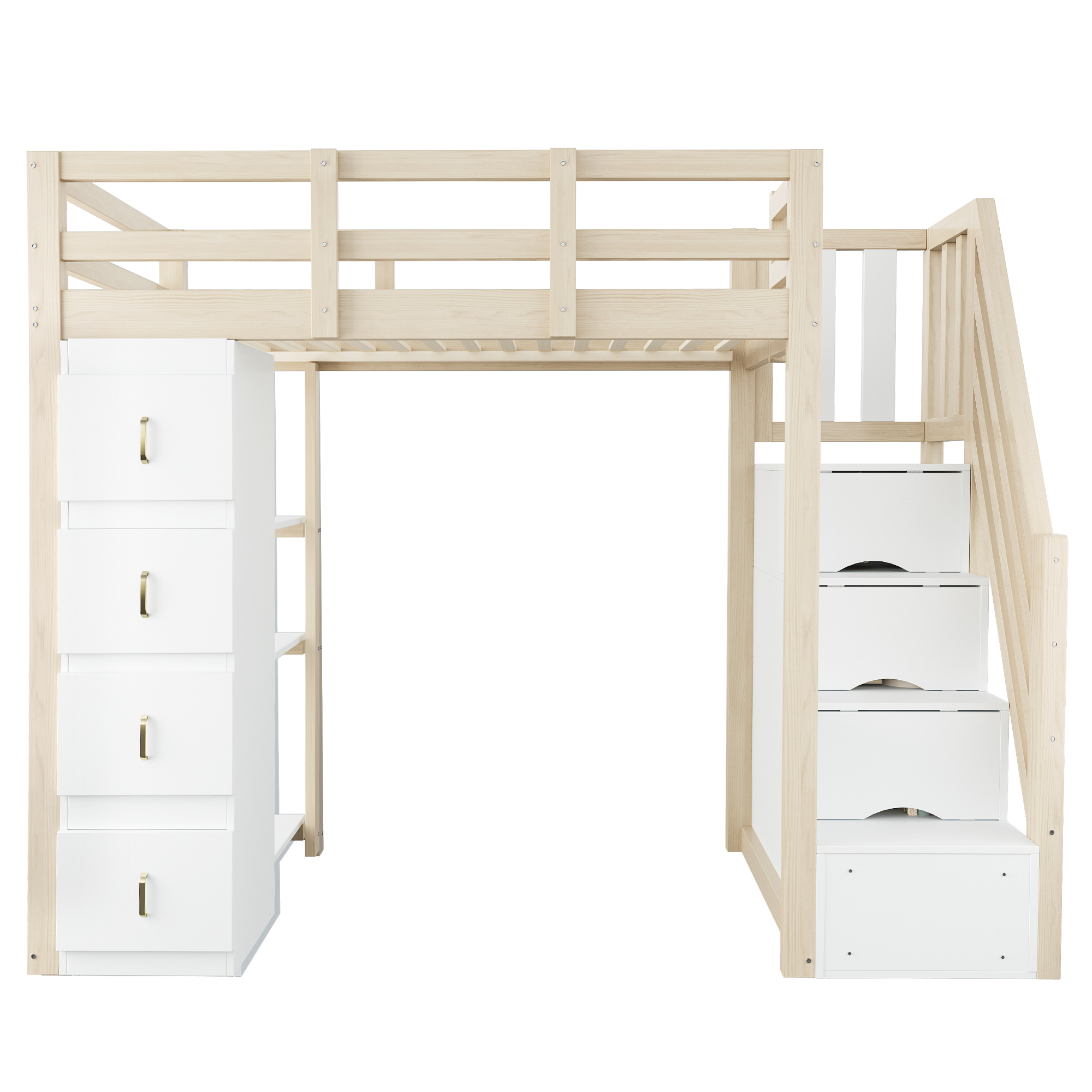 Hochbett 90x200 cm säilytystilaan laatikot ja kolmitasoinen hylly, turva-aidat, puinen, luonnonpuun väri