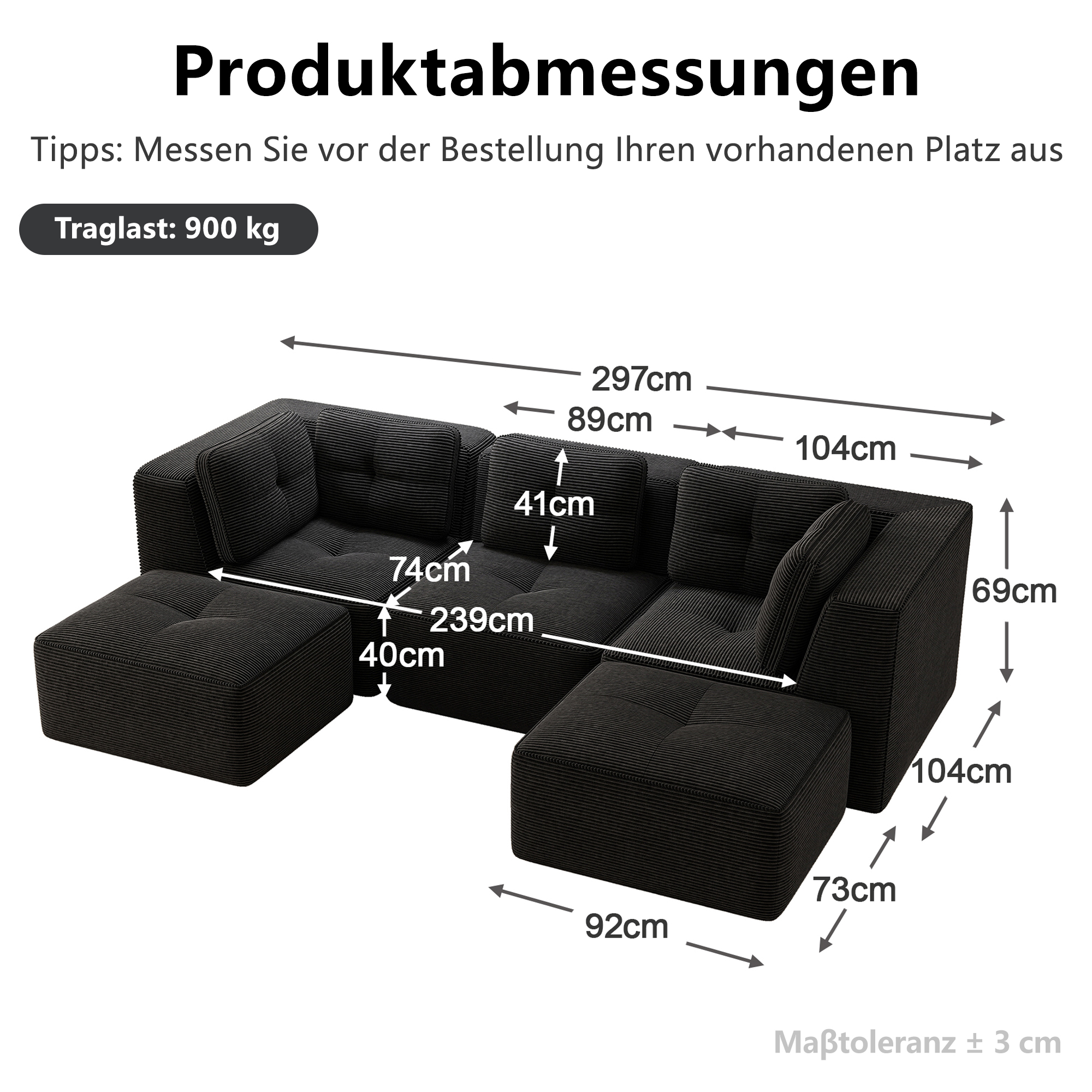 moduulisohva 3-paikkainen musta korduroy moderni säilytystilalla varustettu