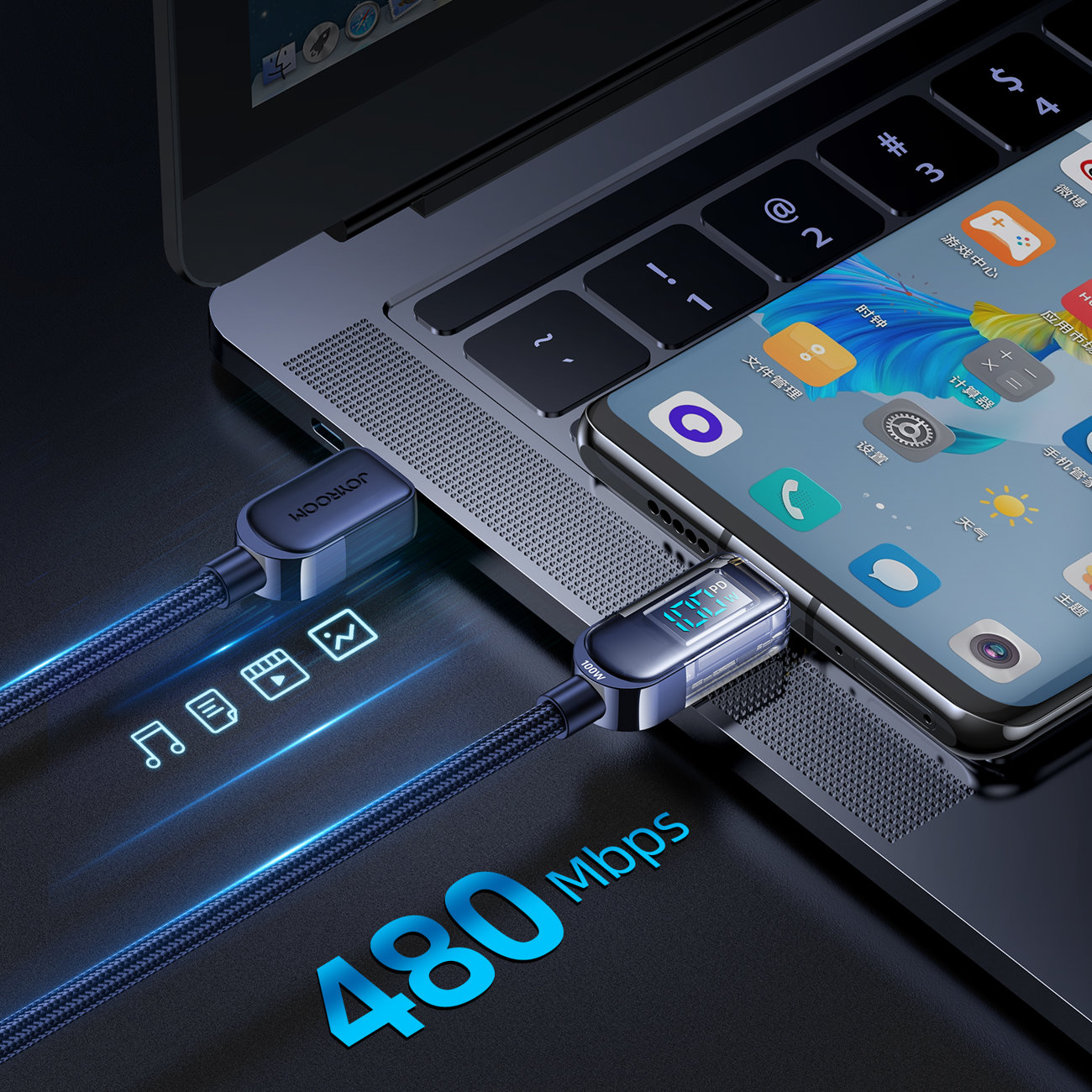 USB-C-kaapeli nopeaan lataukseen ja tiedonsiirtoon 100 W 1,2 m sininen