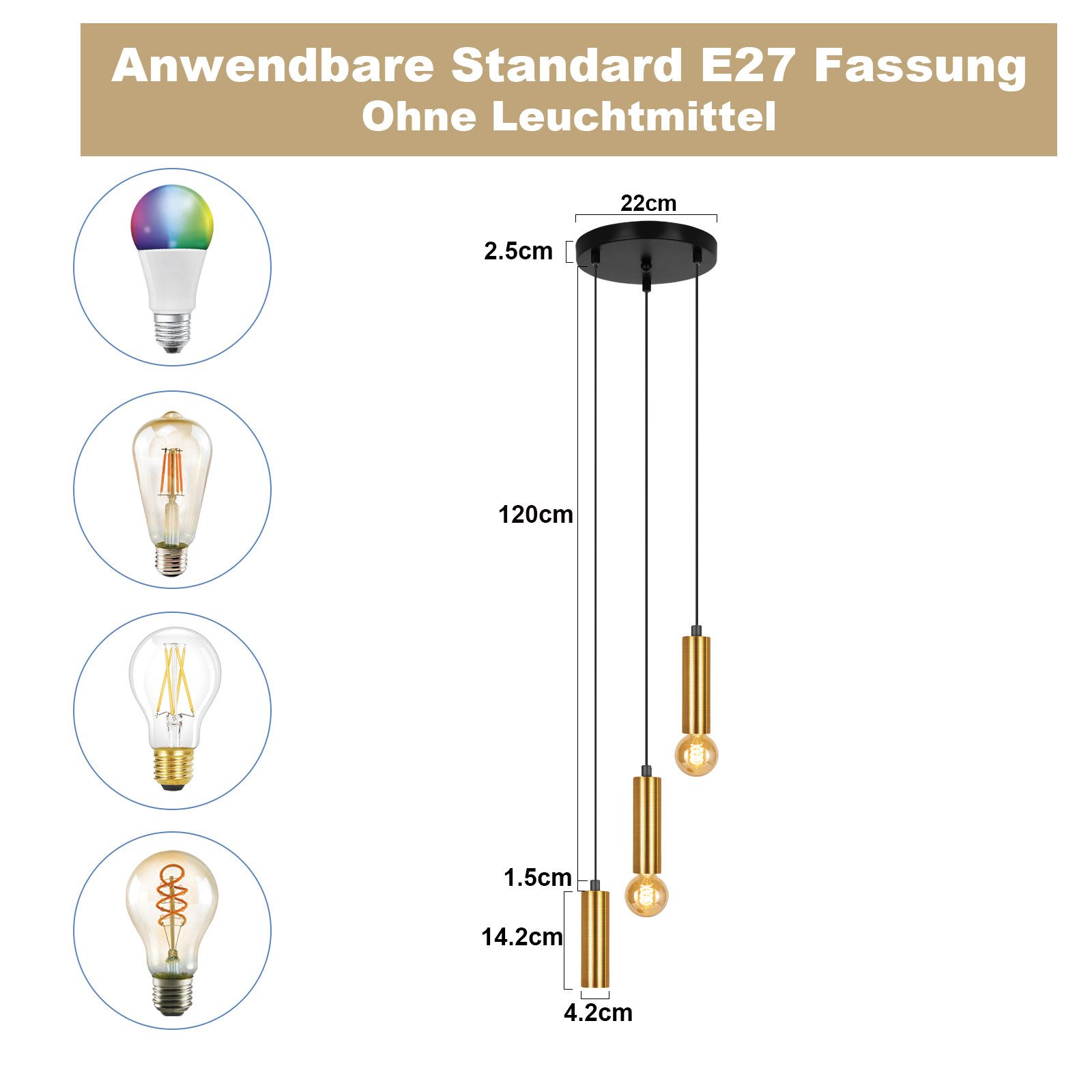 NETTLIFE riippuvalaisin, 3 lamppua, kultainen riippuvalaisin, E27, teollinen ruokailutilan lamppu, metallinen ruokapöytä