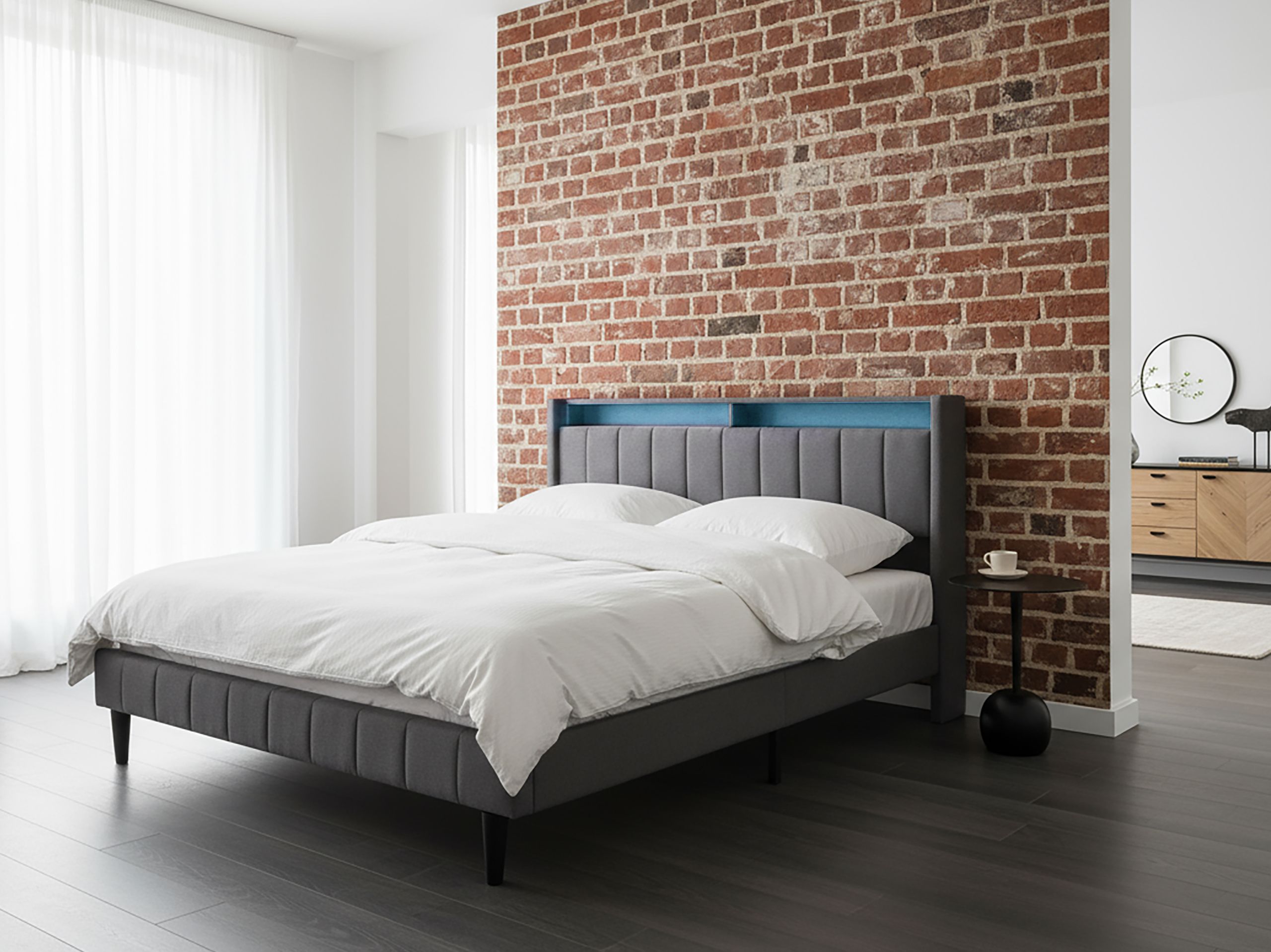 Sänky LED-valoilla kangas BEAULIEU 160 x 200 cm USB-portilla säilytystila Tummanharmaa