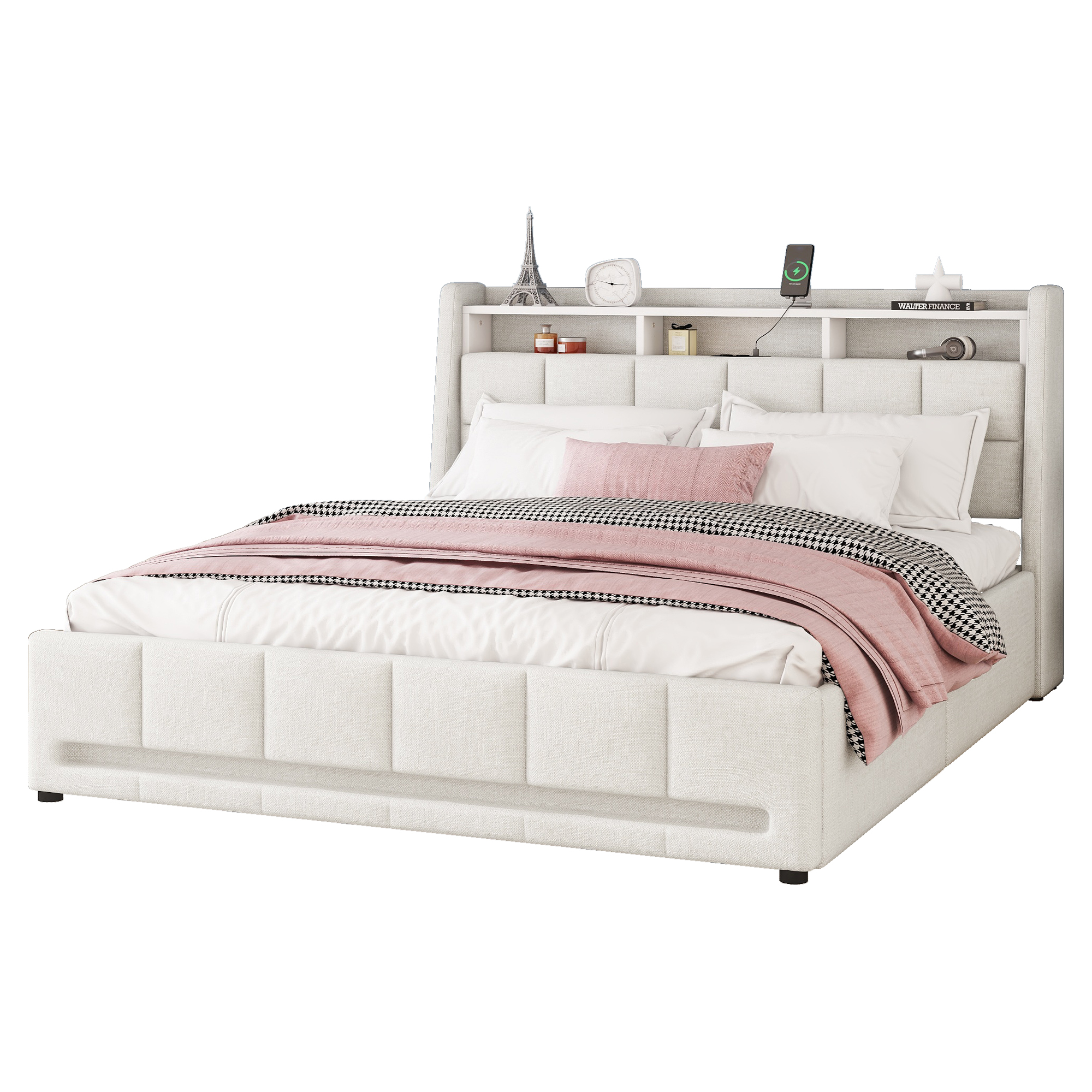 Verhoiltu sänky 140 x 200 cm, parisänky laatikoilla, sisäänrakennettu säilytystila, pellava, beige