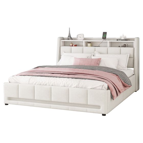 Verhoiltu sänky 140 x 200 cm, parisänky laatikoilla, sisäänrakennettu säilytystila, pellava, beige