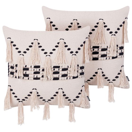 Koristetyynysetti 2 kpl THONDI puuvilla 45 x 45 cm Beige Raitakuvio