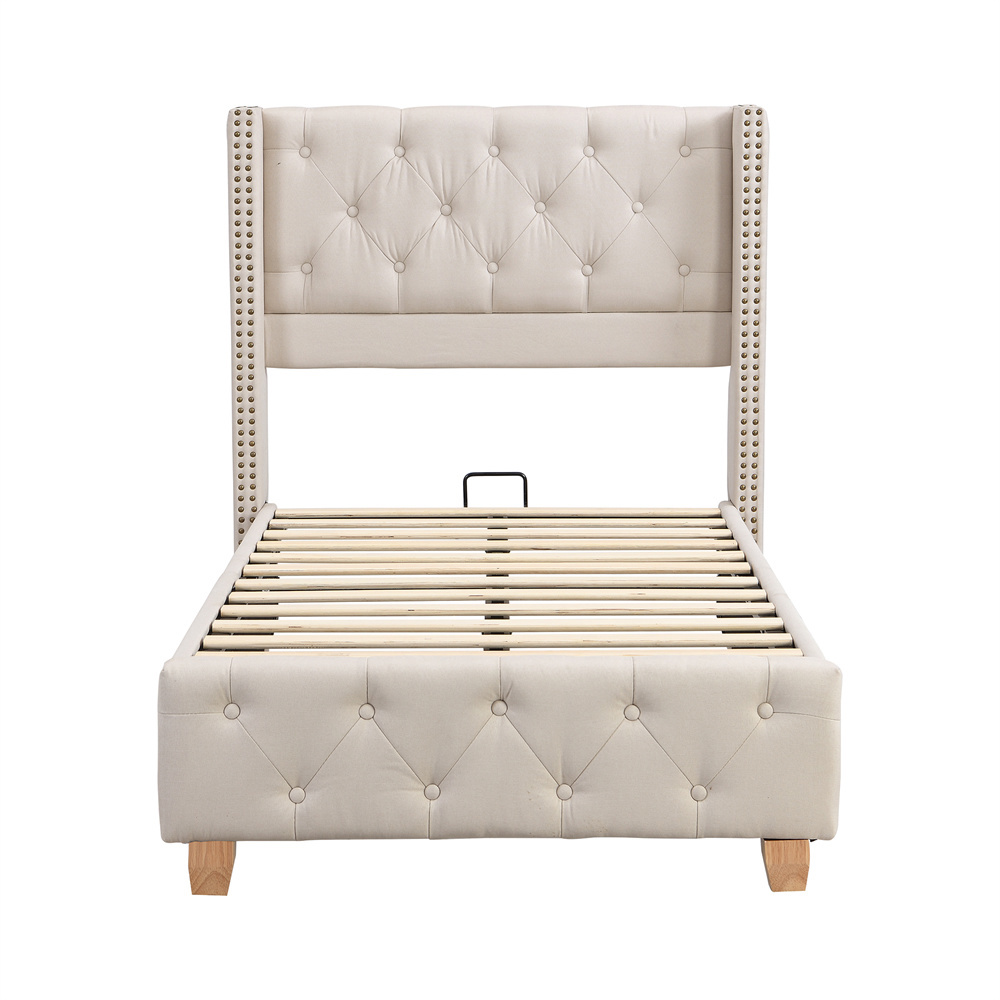 Verhoiltu Sänky 90 x 200 cm, Pellavanbeige, Napit + Niitit + Puiset Jalat