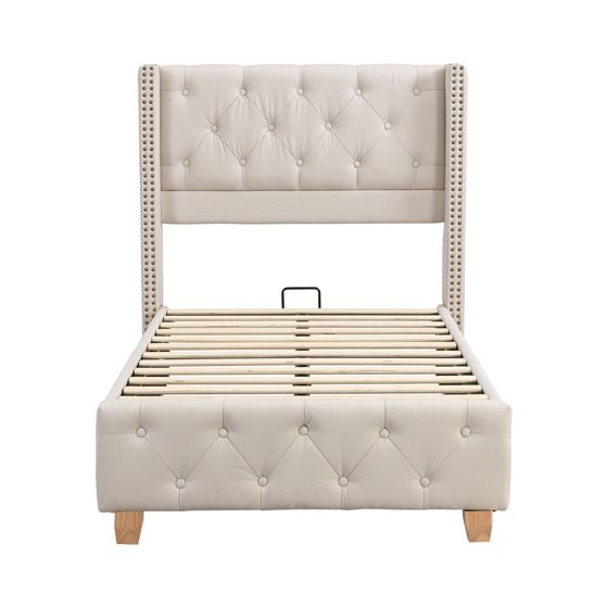 Verhoiltu Sänky 90 x 200 cm, Pellavanbeige, Napit + Niitit + Puiset Jalat