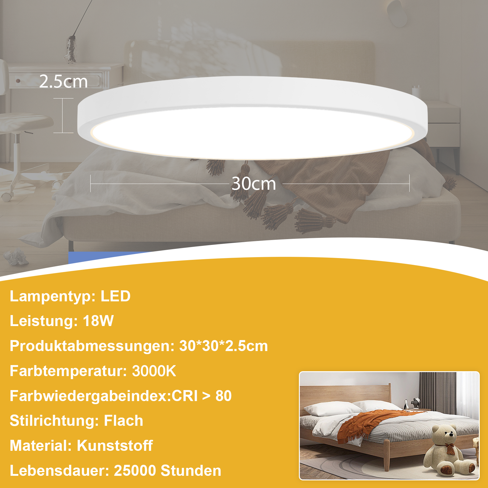 ZMH Pyöreä LED-kattovalaisin, valkoinen, 30 cm, 24 W, kylpyhuoneeseen, keittiöön, makuuhuoneeseen ja eteiseen