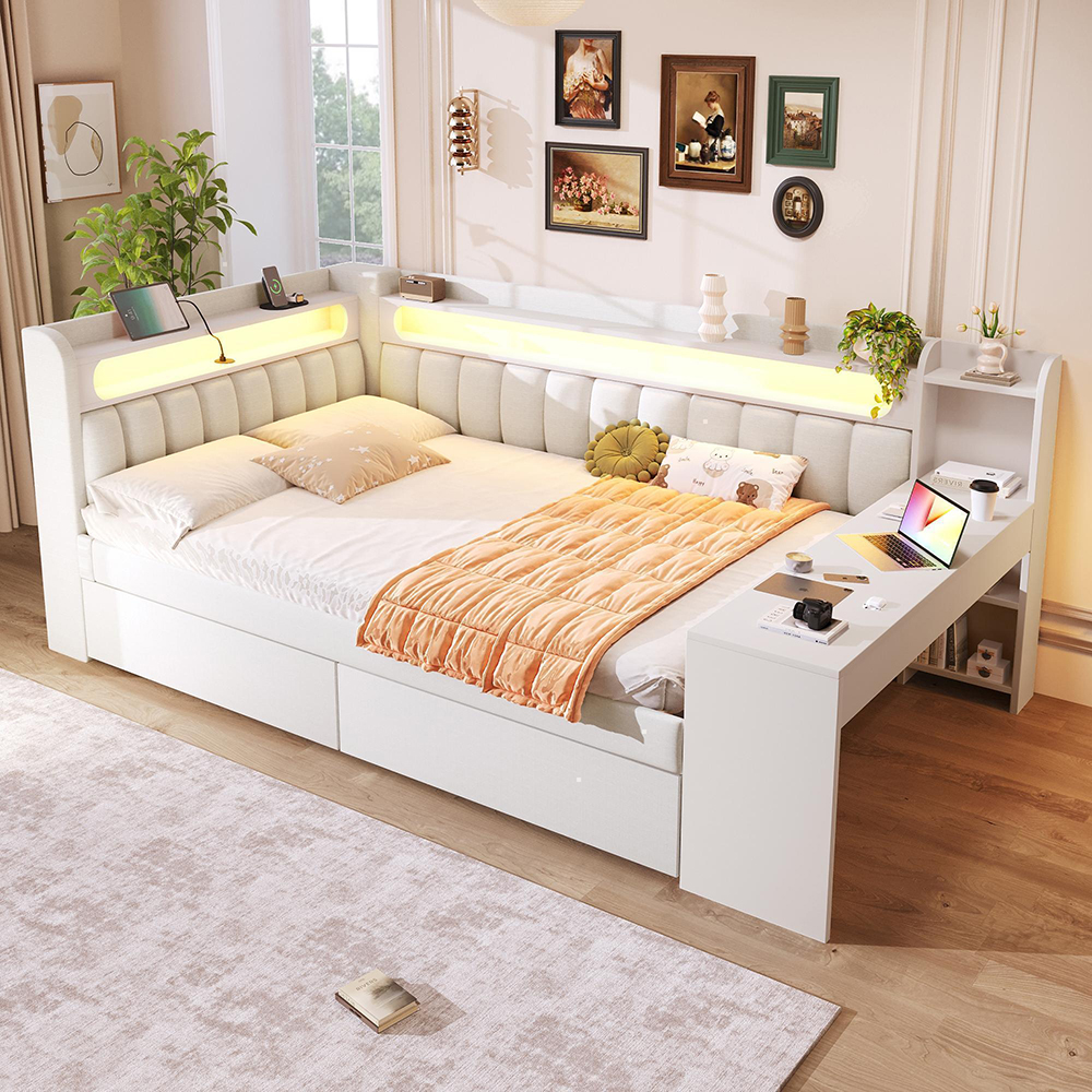 Verhoiltu sänky 140x200 cm valkoisena kirjoituspöydällä