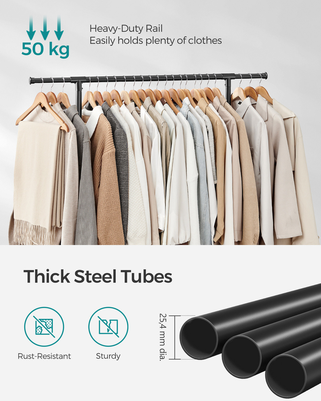 Songmics vaaterekki, pyörillä, säädettävä, LLR401YC