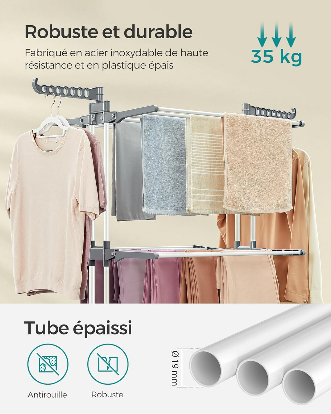 SONGMICS taitettava pyykinkuivausteline, pyörillä, 63.5 × 128 × 173 cm, LLR701
